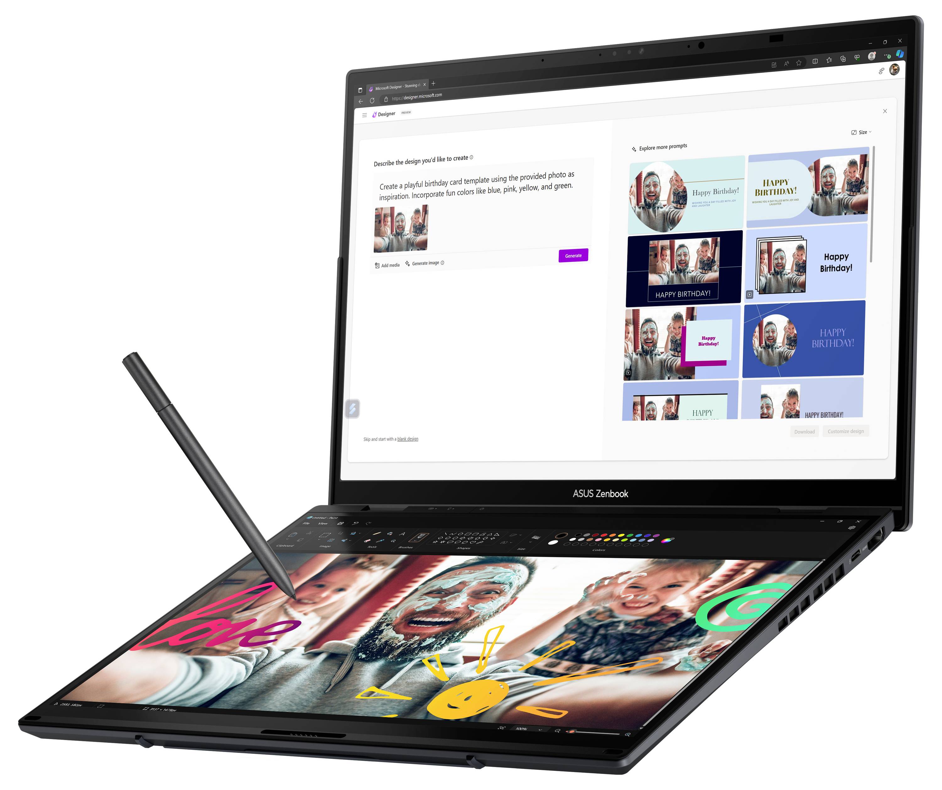 Ein Laptop mit zwei Bildschirmen, zeigt Bildbearbeitungssoftware. Der Stylus stützt auf dem unteren Bildschirm, Fotos sind darauf bearbeitet.