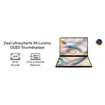 Das Bild zeigt ein Laptop mit zwei 3K Lumina OLED Touchdisplays, jeweils mit 91% Bildschirm-zu-Körper-Verhältnis. Format 16:10, ultra-schlanker Rahmen.