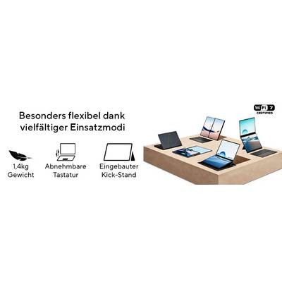 'Besonders flexibel dank vielfältiger Einsatzmodi.' Verschiedene Laptops und Tablets auf einer Plattform. Symbole zeigen Gewicht, Tastatur, Kick-Stand.