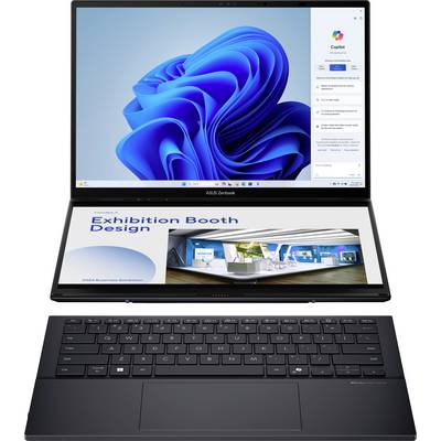Ein Laptop mit zwei Bildschirmen zeigt oben das Windows-Startfenster und unten ein Designbild mit der Aufschrift 'Exhibition Booth Design'.
