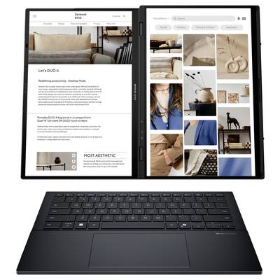 Laptop mit abnehmbarem Display zeigt links eine Webseite mit Text über Produktivität im Desktop-Modus, rechts eine Collage aus Modebildern.