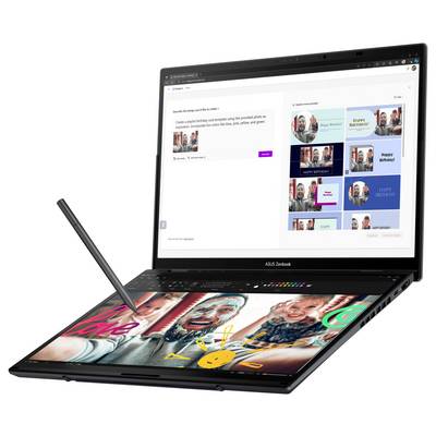 Ein Laptop mit zwei Bildschirmen. Der obere zeigt eine kreative Software mit Vorlagenauswahl. Der untere reagiert auf einen Stift mit Zeichnungen.