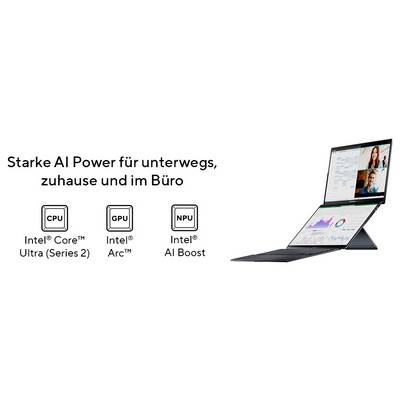 Laptop mit zwei Bildschirmen zeigt Konferenzgespräch und Diagramme. Text: 'Starke AI Power für unterwegs, zuhause und im Büro'. Symbole für CPU, GPU und NPU von Intel.