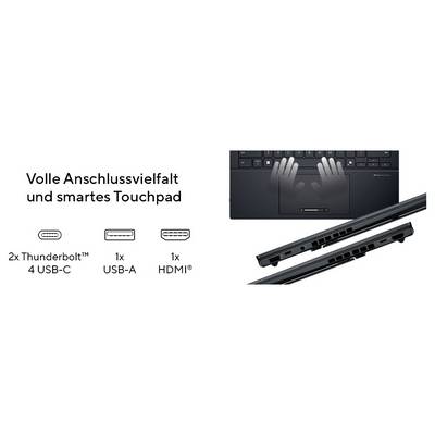 'Volle Anschlussvielfalt und smartes Touchpad' über einem Laptopbild. Es zeigt 2x Thunderbolt, 4 USB-C, 1x USB-A, 1x HDMI.