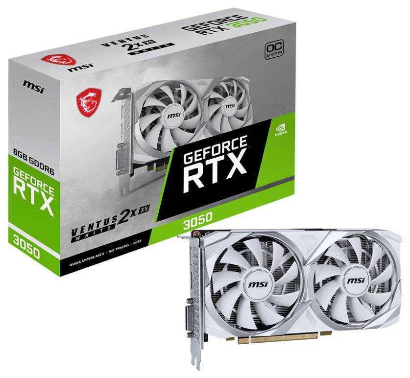 Eine MSI Geforce RTX 3050 Grafikkarte mit 8GB GDDR6 dargestellt, zusammen mit ihrer Verpackung. Verpackung hat ein grünes und schwarzes Design.