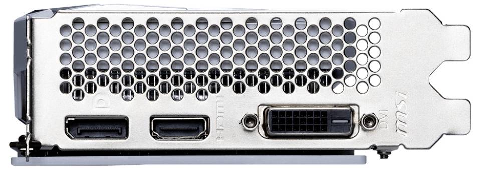 Rückseite einer Grafikkarte mit HDMI-, DisplayPort- und DVI-Anschluss, Lüftungsgitter für Kühlung und zwei Halteschrauben.