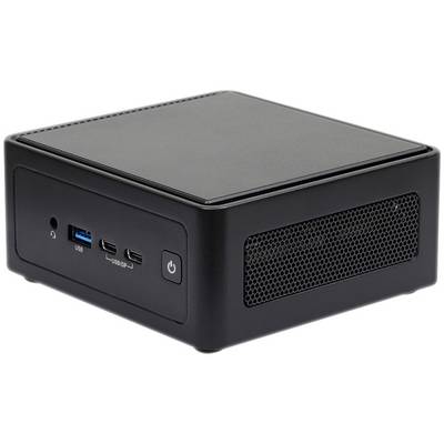 Ein kompakter, quadratischer Mini-PC in schwarzem Gehäuse. Sichtbar sind mehrere Anschlüsse und ein Einschaltknopf an der Vorderseite.