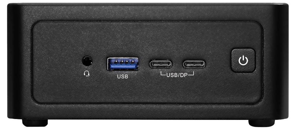 Schwarz-Gehäuse mit Kopfhöreranschluss, USB-Anschlüssen, USB/DP-Anschlüssen und einem Netzschalter auf der Vorderseite.