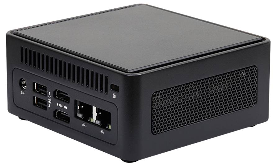 Ein kompakter, schwarzer Mini-PC mit mehreren Anschlüssen auf der Vorderseite, einschließlich HDMI und Ethernet, steht auf einem Tisch.