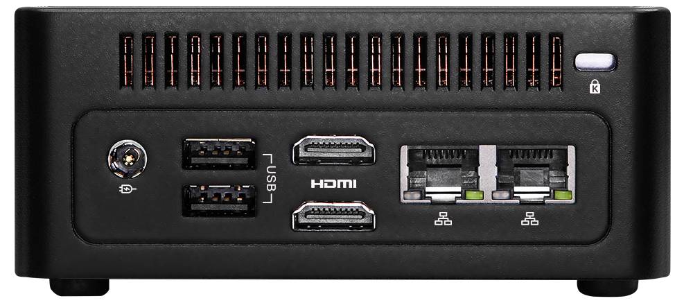 Ein kompakter Computer mit verschiedenen Anschlüssen, darunter USB, HDMI und Ethernet. Die Lüftungsschlitze oben sorgen für Kühlung.