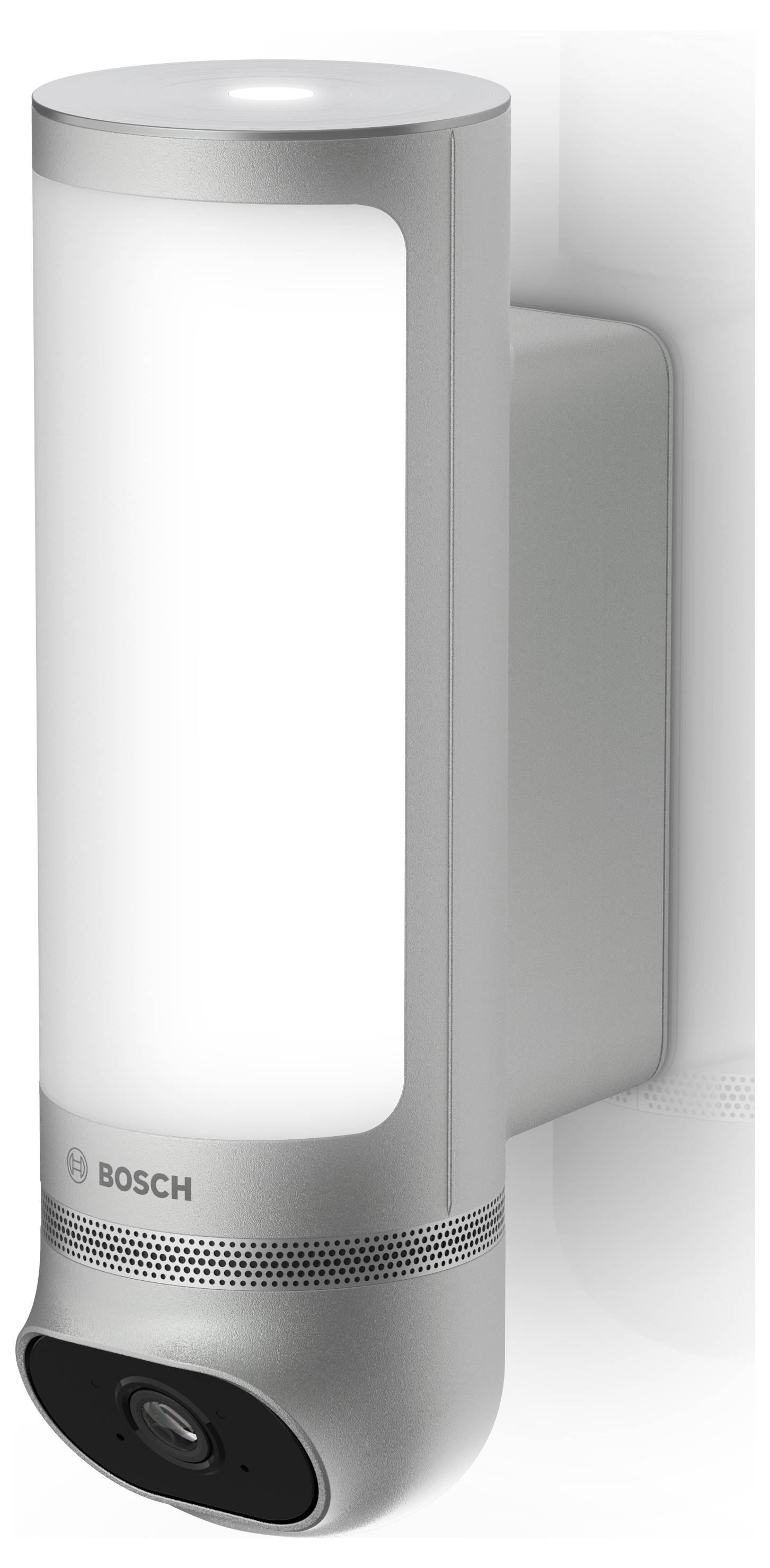 Eine silberne Außenkamera mit integriertem LED-Licht von Bosch, zur Wandmontage geeignet.