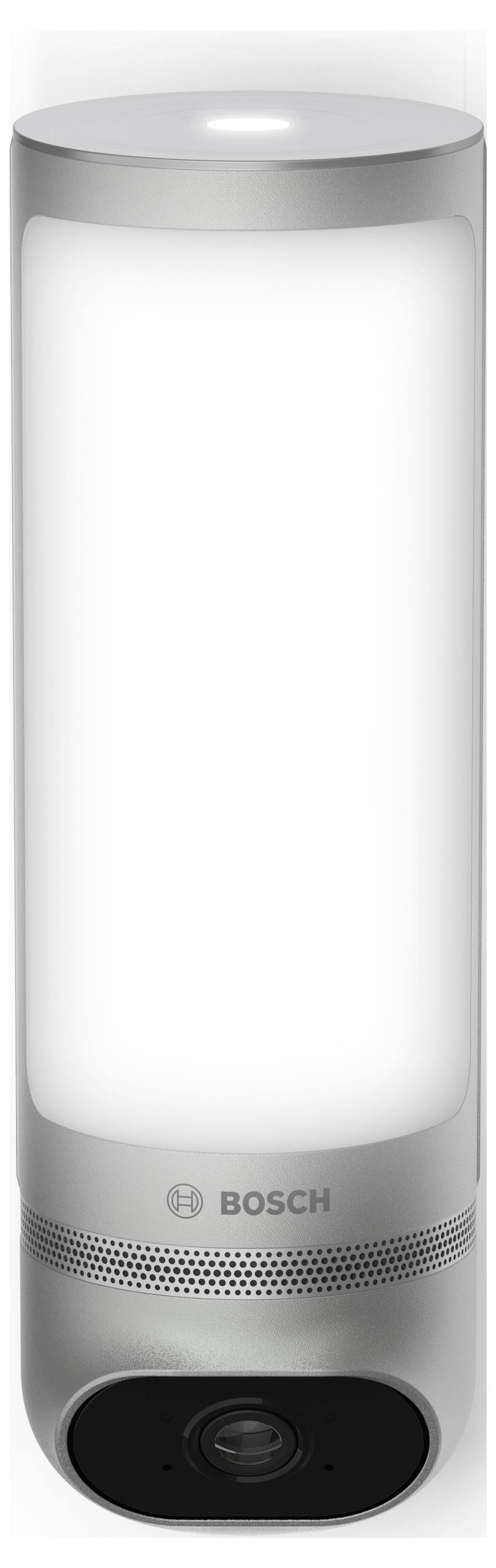 Zylindrische Außenleuchte von Bosch mit integrierter Kamera am unteren Ende, darauf steht 'Bosch' unter dem Leuchtbereich.