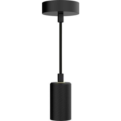 Eine schwarze, zylindrische Hängelampe mit texturiertem Muster, verbunden durch ein Kabel an einer kreisförmigen Deckenhalterung.