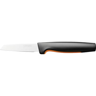 Kleines Küchenmesser mit weißer Klinge und schwarzem Griff, orangefarbene Akzentlinie entlang des Griffs.