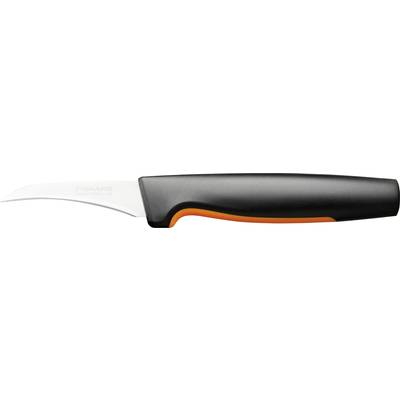 Ein kleines, gebogenes Schälmesser mit schwarzem Griff und orangefarbenem Akzent, ideal zum Schälen von Obst und Gemüse.