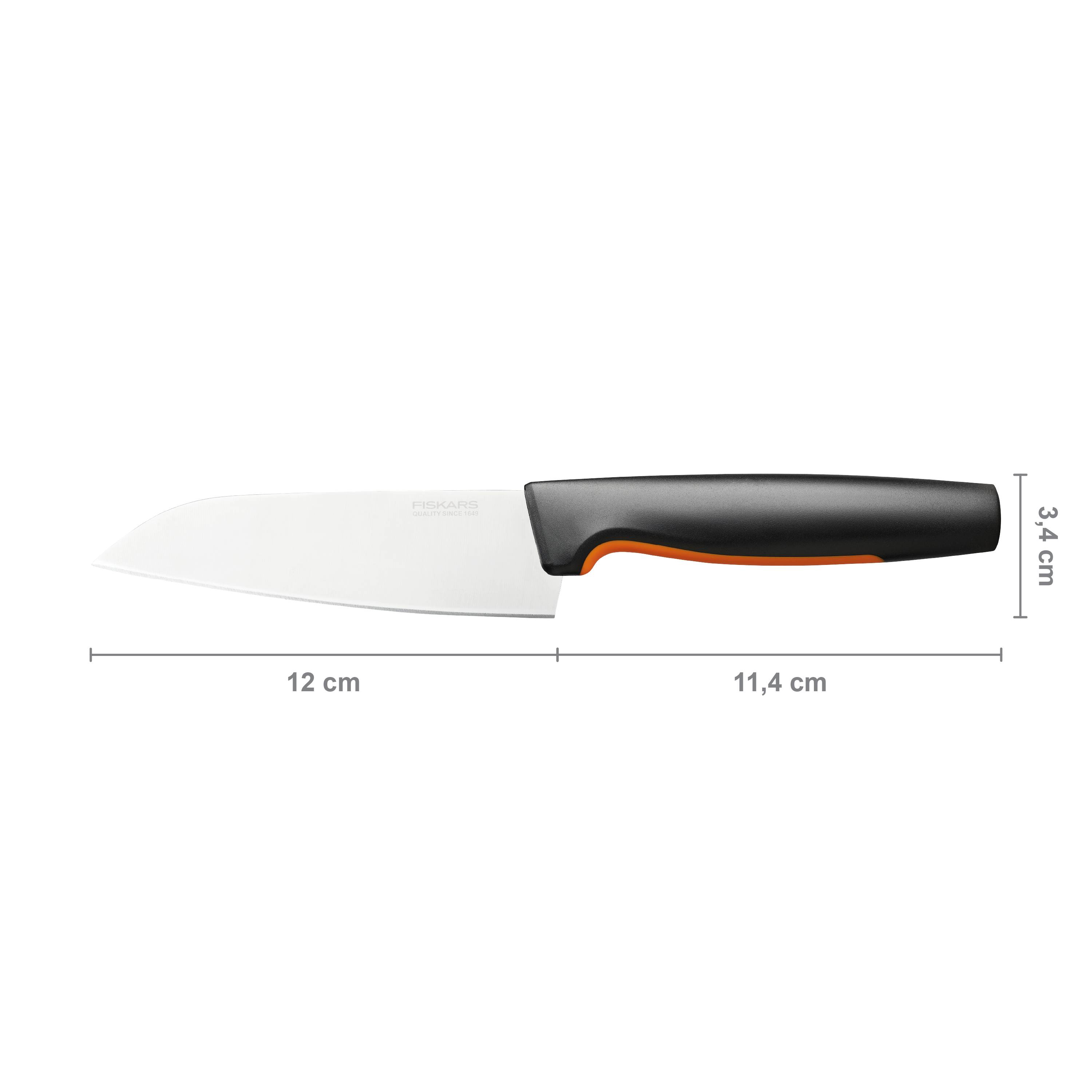 Messer mit schwarzem Griff, Gesamtlänge 23,4 cm. Klinge: 12 cm, Griff: 11,4 cm, Höhe: 3,4 cm. Geeignet zum Schneiden in der Küche.