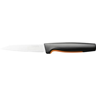 Ein Küchenmesser mit einer weißen Klinge und schwarzem Griff mit orangenem Detail.