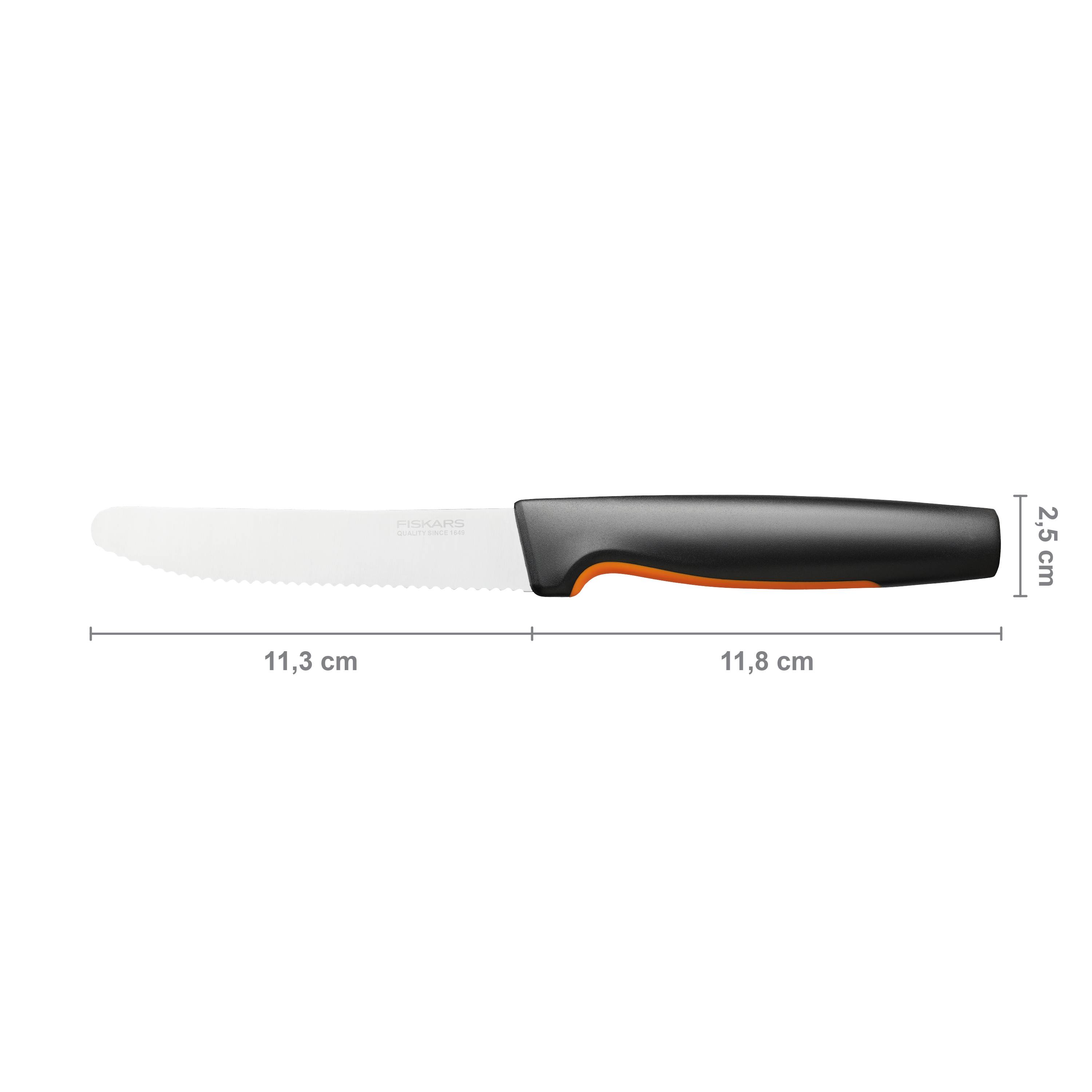 Ein gezacktes Messer mit schwarzem Griff, 11,8 cm lang. Gesamtlänge 11,3 cm, Breite 2,5 cm, gezeigt mit Maßangaben.