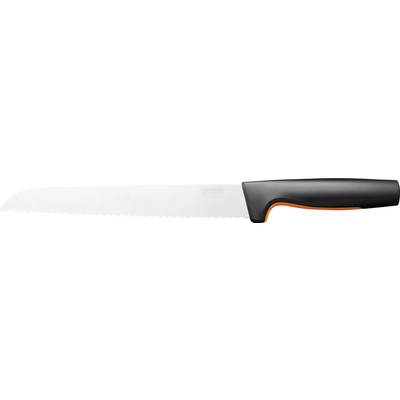 Ein gezahntes Brotmesser mit schwarzem Griff und orangefarbener Linie, Fokus auf Klinge und ergonomischer Griffgestaltung.