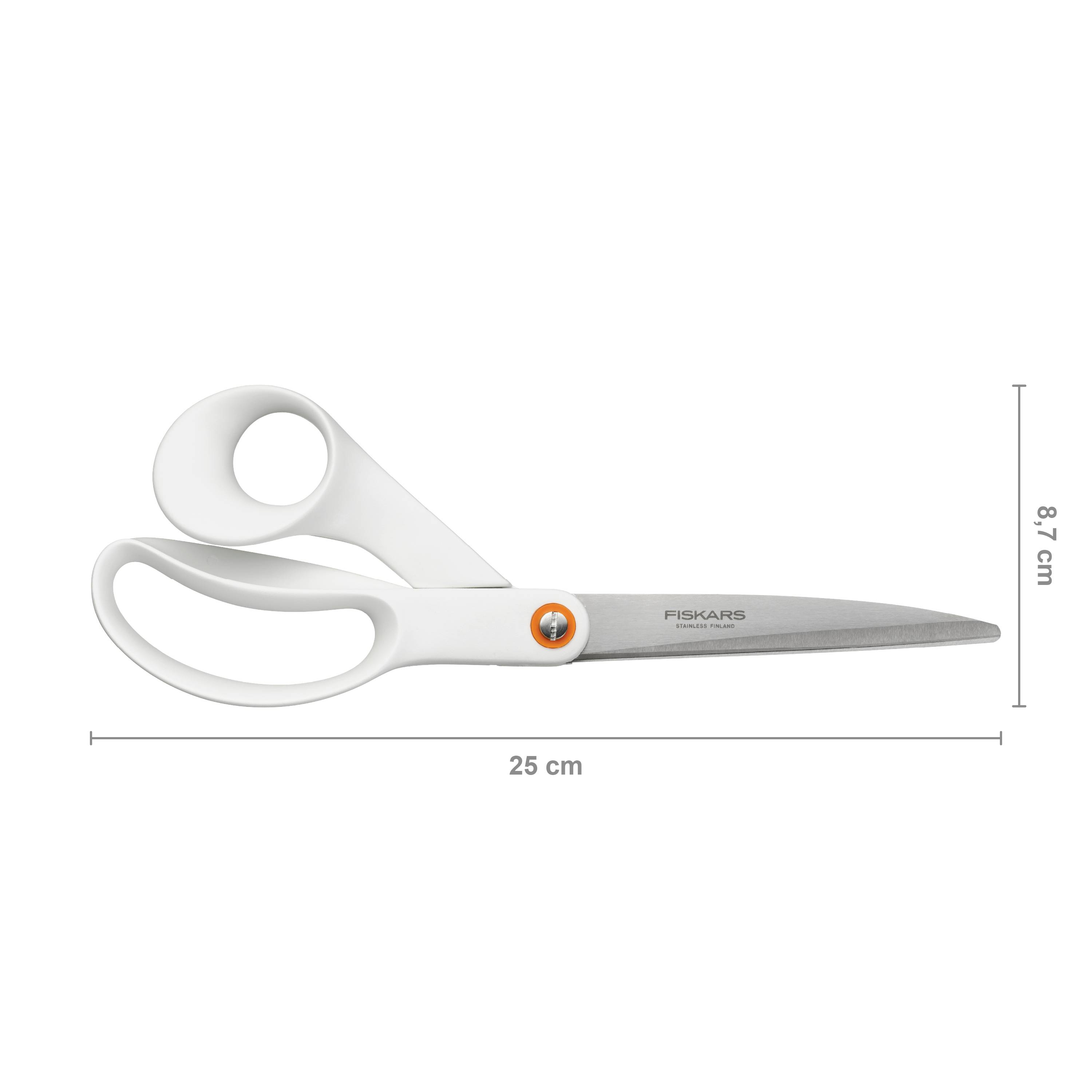 Eine weiße Fiskars-Schere mit 25 cm Länge und 8,7 cm Breite, geeignet zum Schneiden von Stoff oder Papier.