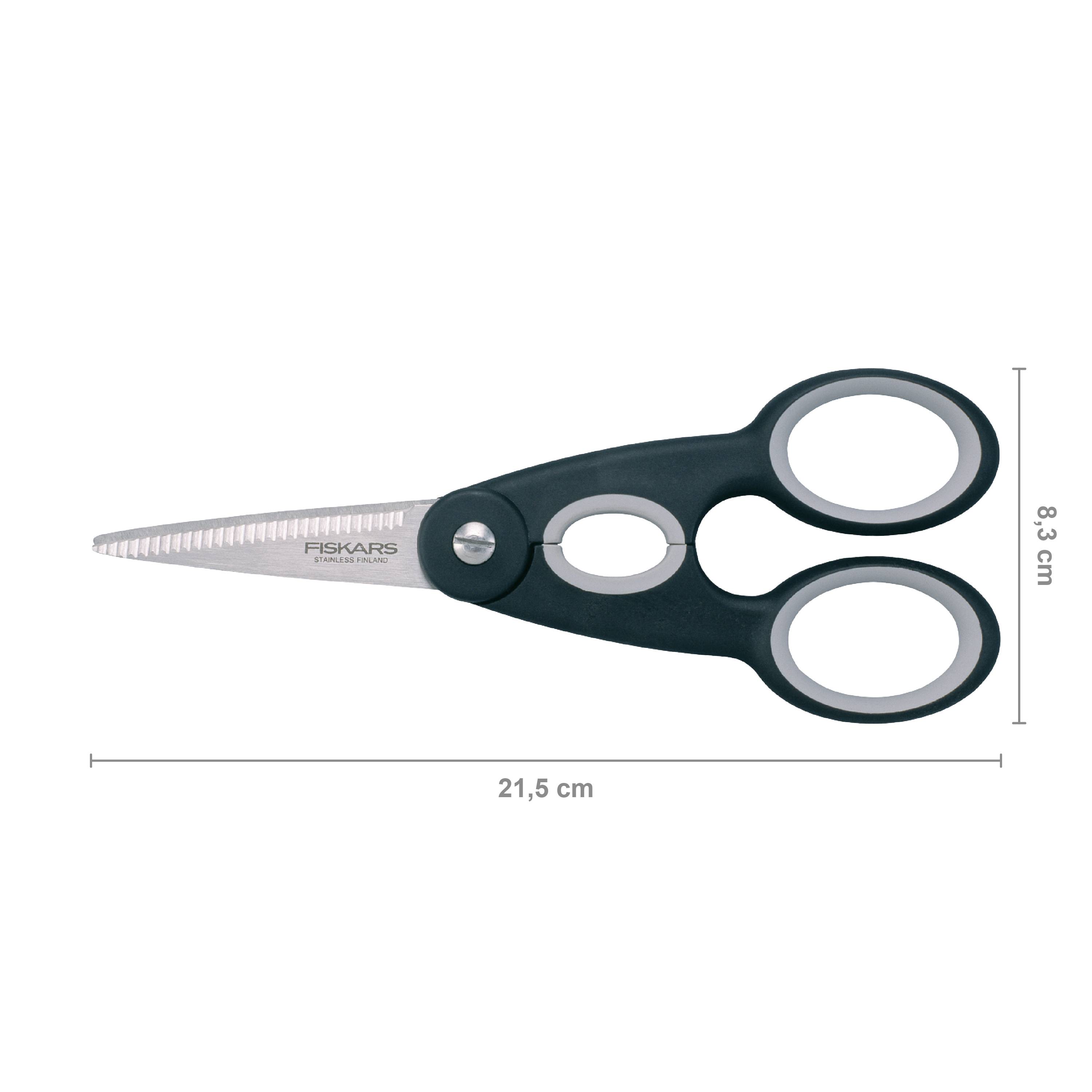 Schwarze Schere mit grauen Griffen, 21,5 cm lang und 8,3 cm breit.