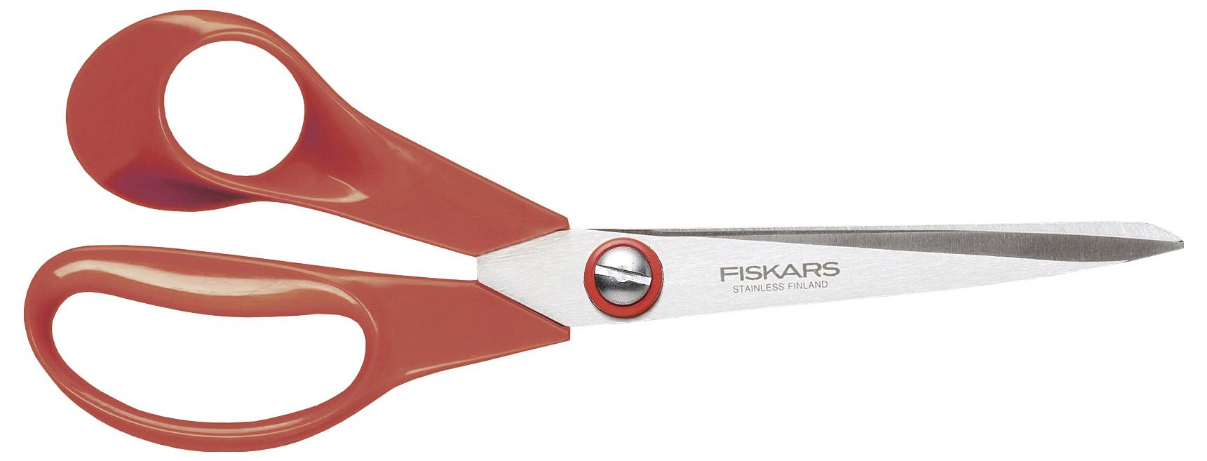 Rote Schere mit ergonomischen Griffen und Edelstahlklingen. Markenname 'Fiskars' auf der Klinge. Geeignet für Bastelarbeiten.