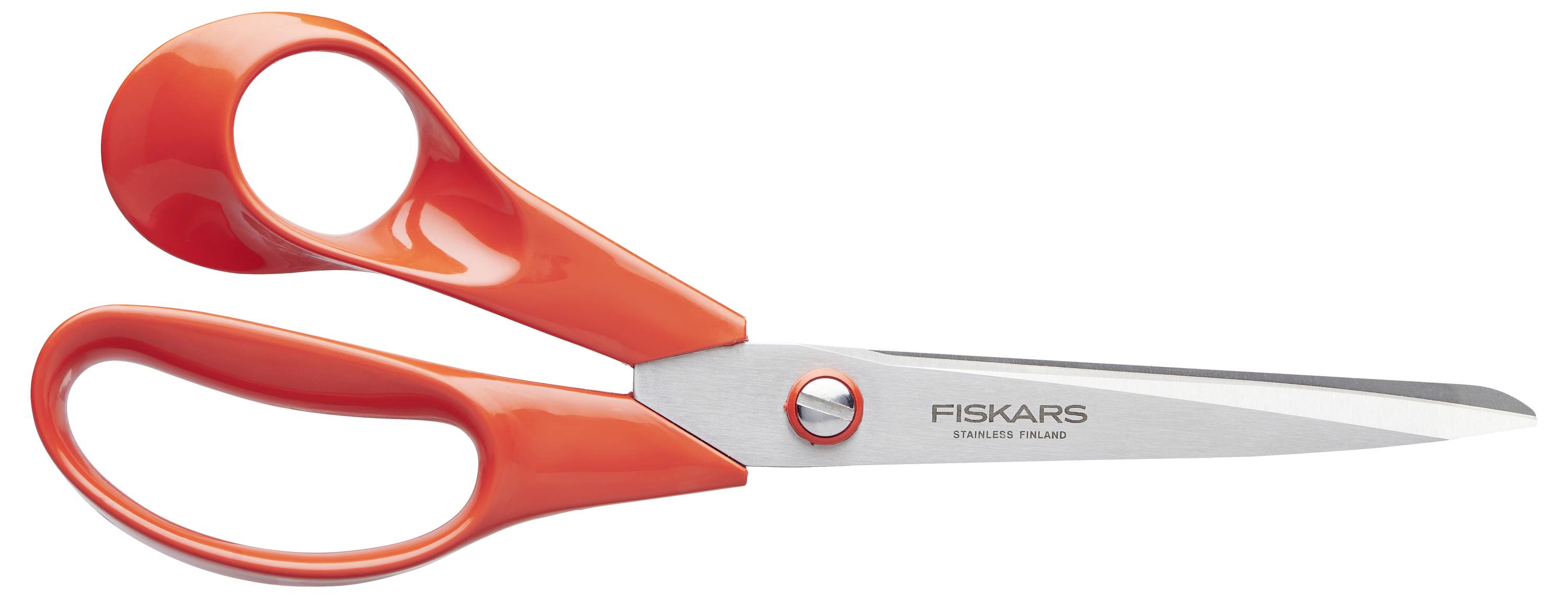 Eine orange Schere mit Metallschneiden. Die Marke 'Fiskars' ist auf dem Metallteil eingraviert.