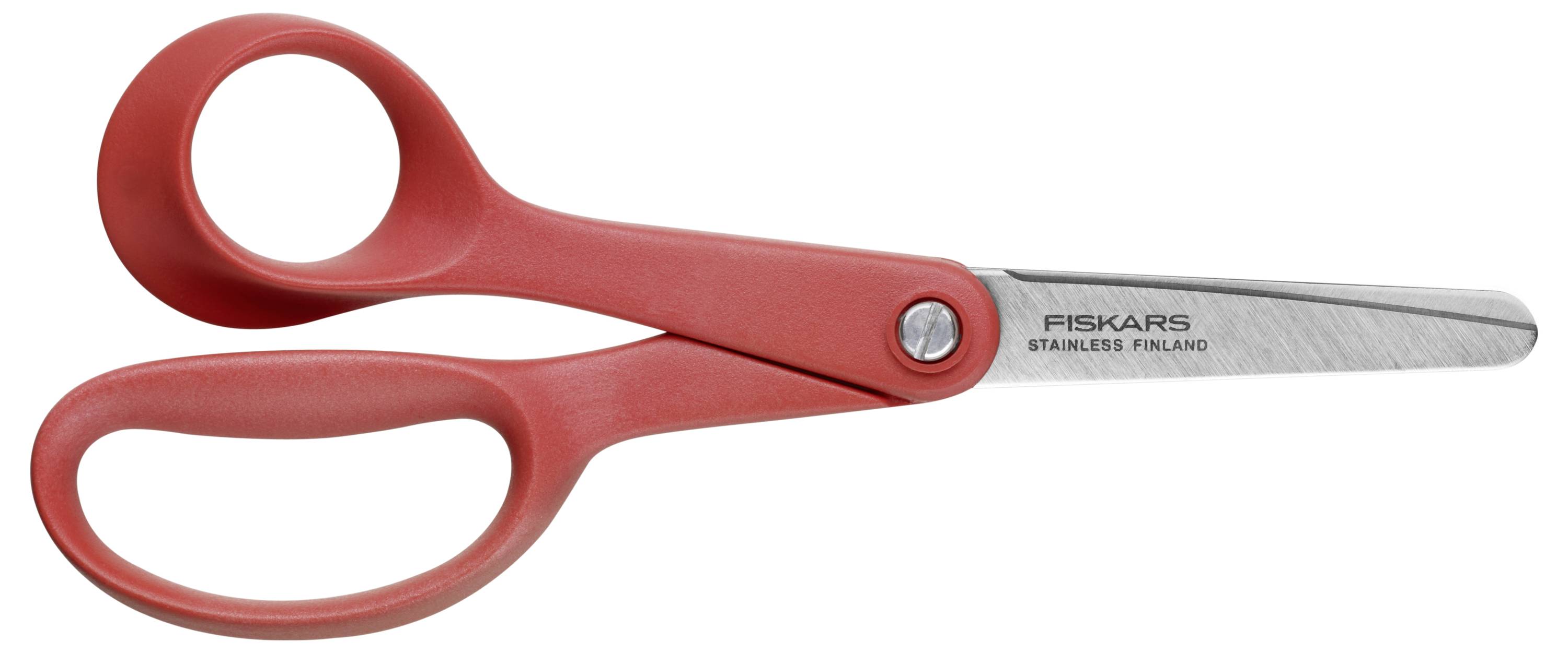 Rote Schere mit Edelstahlklinge und ergonomischem Griff, geeignet für Schneidarbeiten. Markierung 'Fiskars' auf der Klinge.