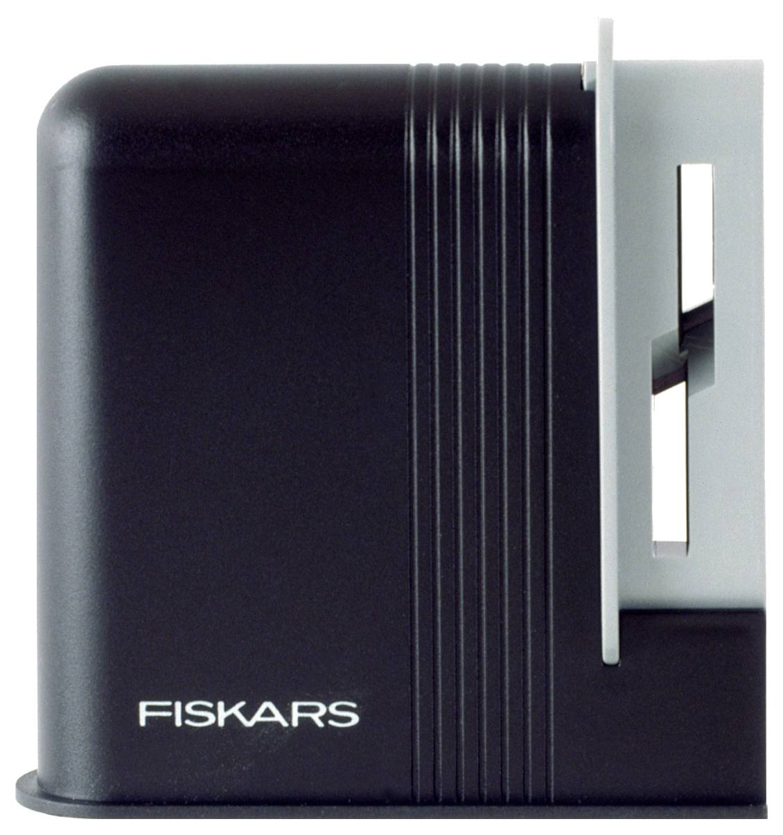 Messerschärfer in Schwarz mit Aufschrift 'Fiskars' auf der Vorderseite.