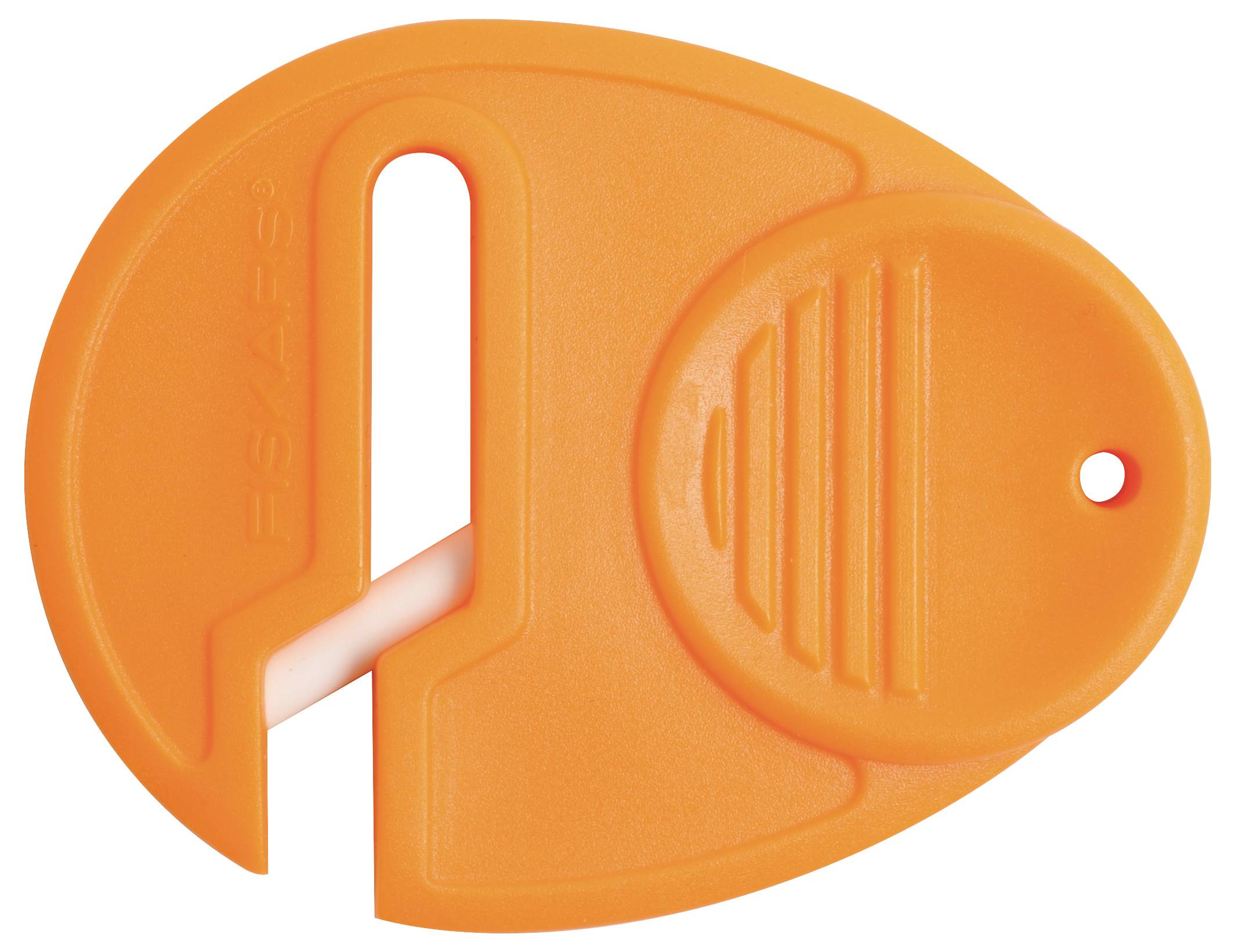 Ein orangefarbenes Sicherheitsmesser mit Haltegriff und einer geschützten Klinge zur Verhinderung von Schnittverletzungen.