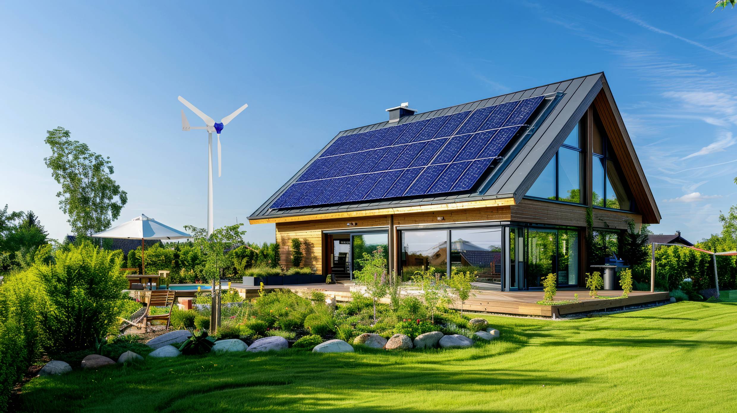 Ein modernes Haus mit Solarpanelen auf dem Dach, umgeben von einem gepflegten Garten. Im Hintergrund steht eine kleine Windturbine.