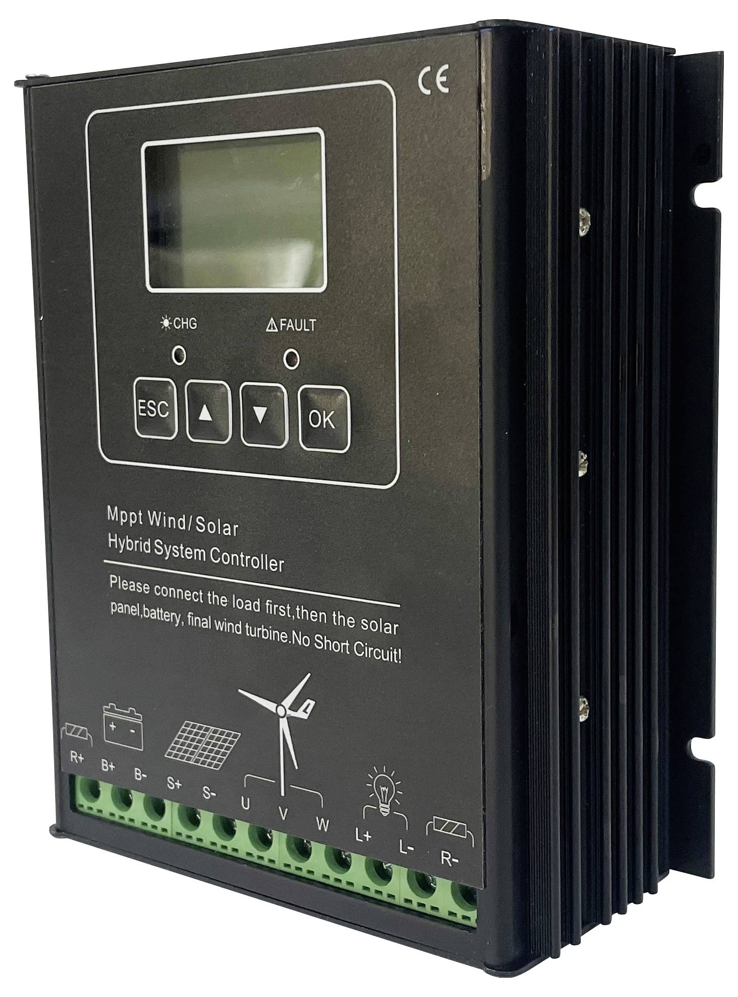 Schwarzer Mppt Wind/Solar-Hybrid-System-Regler mit Display und Bedientasten. Text weist auf korrekte Anschlussreihenfolge hin.