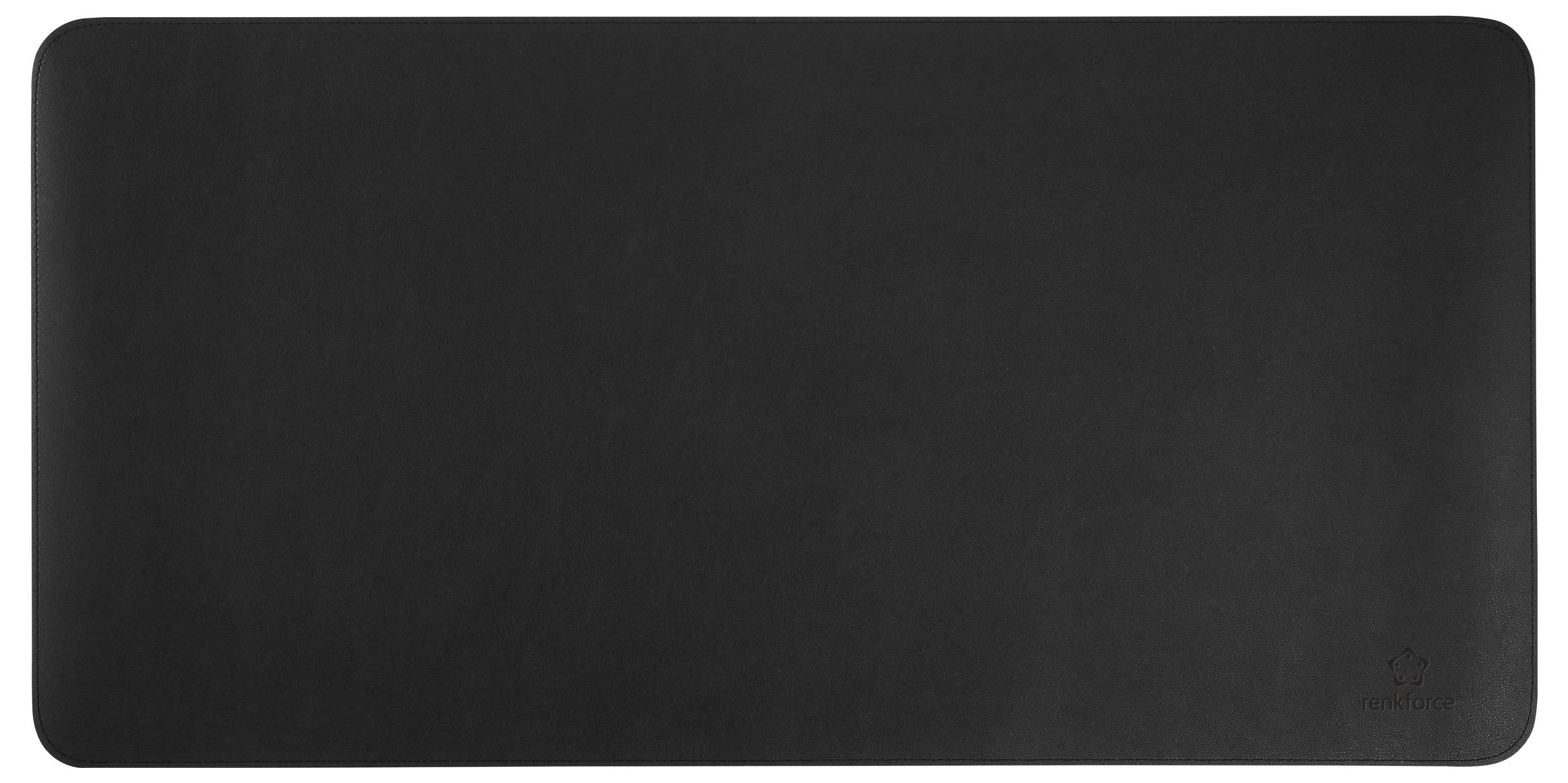 Eine schwarze, rechteckige Schreibtischunterlage aus Leder mit abgerundeten Ecken, schlichtes Design, keine sichtbaren Muster.