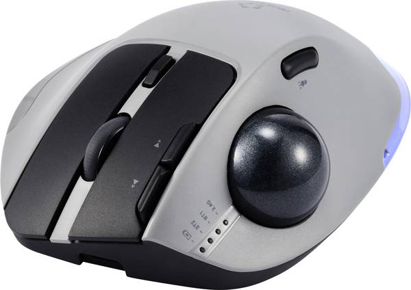 Renkforce RF-WLEM-500  Trackball Kabellos, Funk, Bluetooth®   Optisch Grau, Schwarz 7 Tasten 400 dpi, 800 dpi, 1600 dpi, 2400 dpi, 4800 dpi Ergonomisch, Daumentrackball, RGB-Beleuchtung, Wiederaufladbar