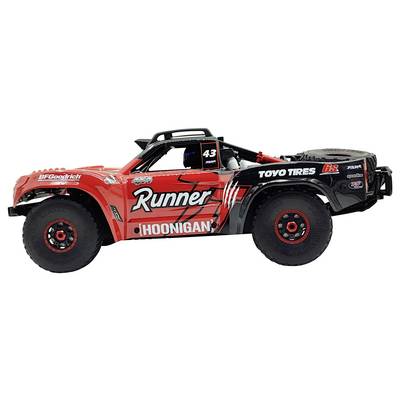 Ein rotes und schwarzes ferngesteuertes Auto mit der Aufschrift 'Runner' und 'Hoonigan' auf der Seite, nummeriert mit 43.