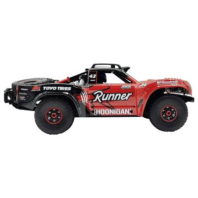 Rotes und schwarzes ferngesteuertes Auto mit der Aufschrift 'Runner' auf der Seite. Offroad-Design mit großen Reifen und sportlicher Optik.