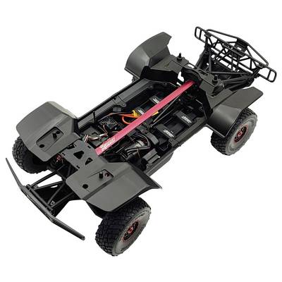 Ein ferngesteuertes Auto-Chassis ohne Karosserie, zeigt Räder, Stoßdämpfer und elektronische Komponenten.