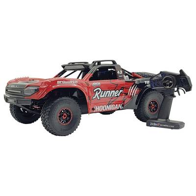 Ein rotes ferngesteuertes Auto mit schwarzen Reifen und Logo 'Runner'. Daneben eine Fernsteuerung.