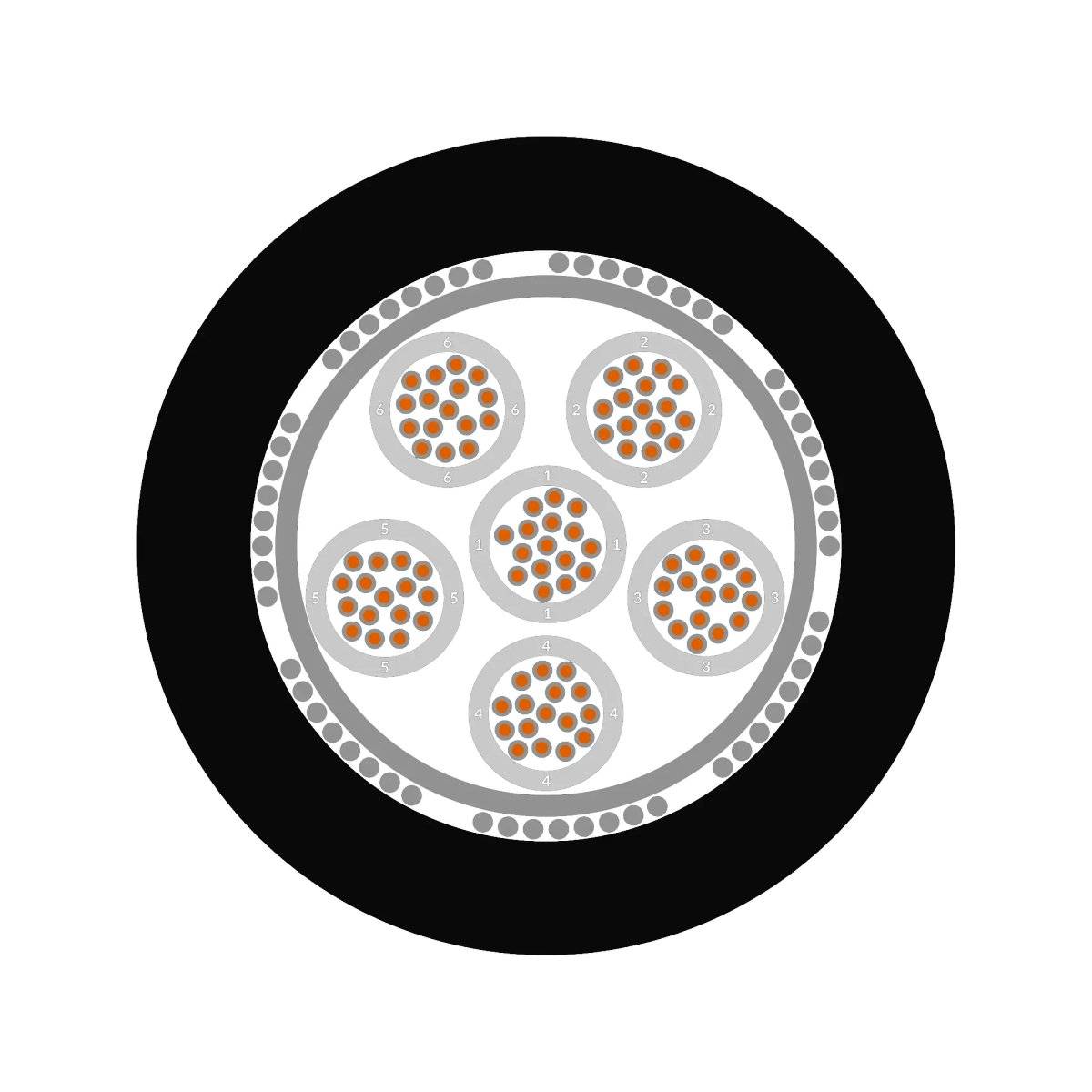 Querschnitt eines Glasfaserkabels mit mehreren Bündeln von Fasern, umgeben von einer schwarzen Isolationsschicht.