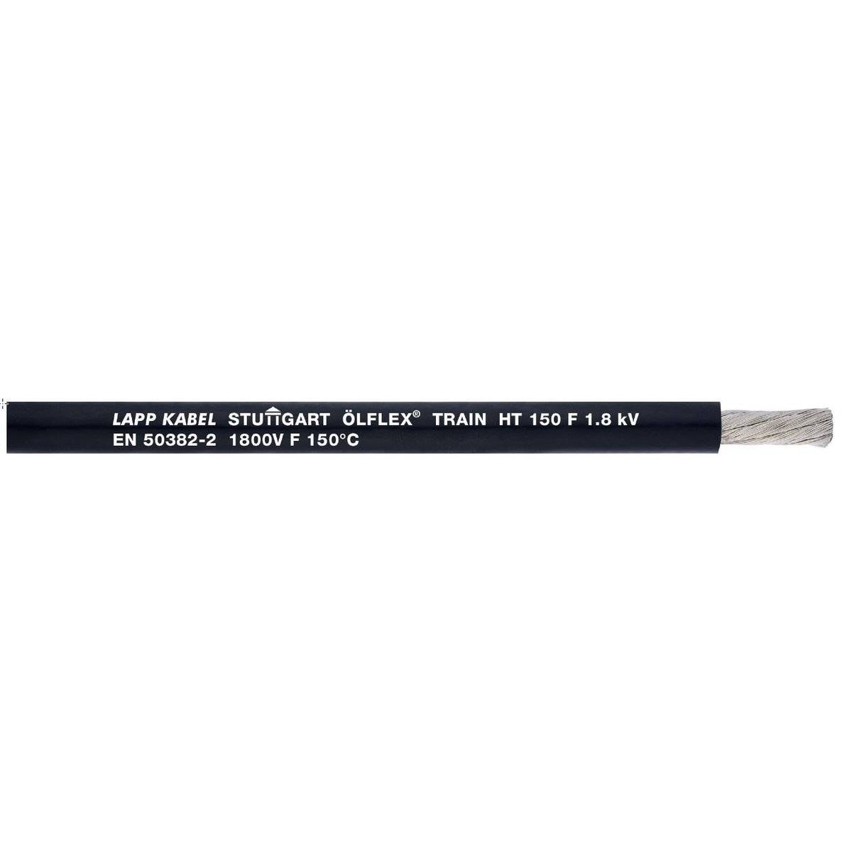 Ein schwarzes Kabel mit der Aufschrift: 'LAPP KABEL STUTTGART ÖLFLEX TRAIN HT 150 F 1.8 kV EN 50382-2 1800V F 150°C'.