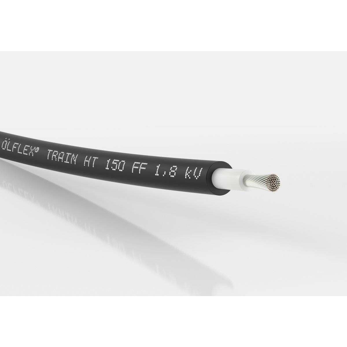 Ein schwarzes elektrisches Kabel mit der Aufschrift 'ÖLFLEX® TRAIN HT 150 FF 1,8 kV', geeignet für Hochspannungsanwendungen.