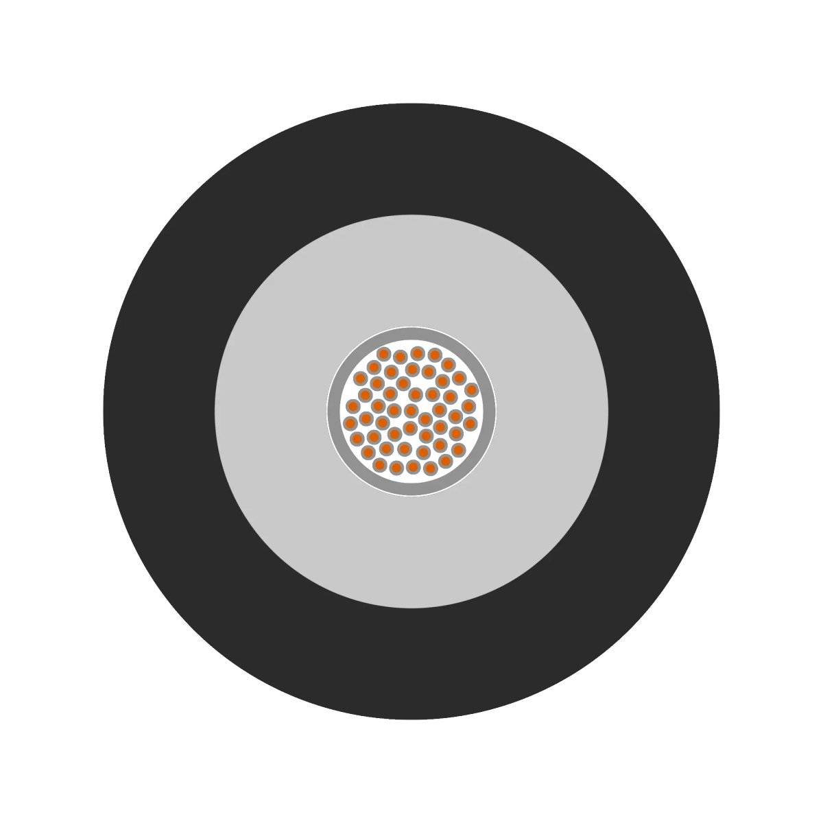 Querschnitt eines elektrischen Kabels: äußerer schwarzer Mantel, graue Isolierung und innerer Kupferdraht.