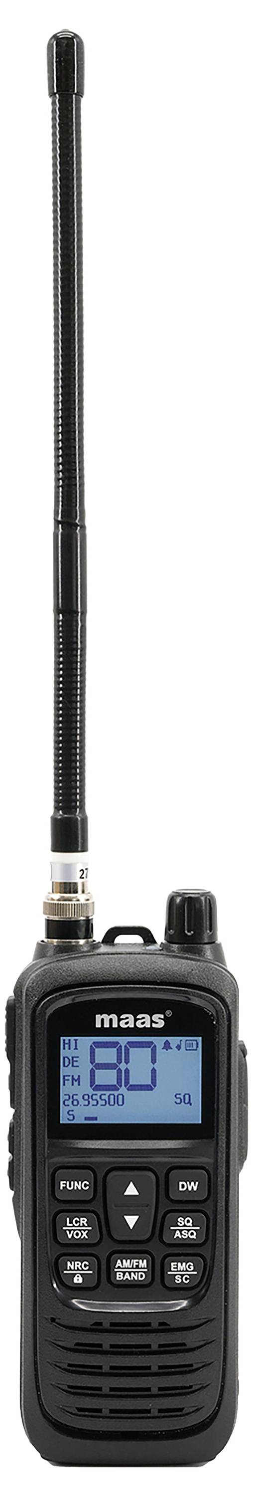 Tragbares Funkgerät mit beleuchtetem Display und Tasten zur Kommunikation.