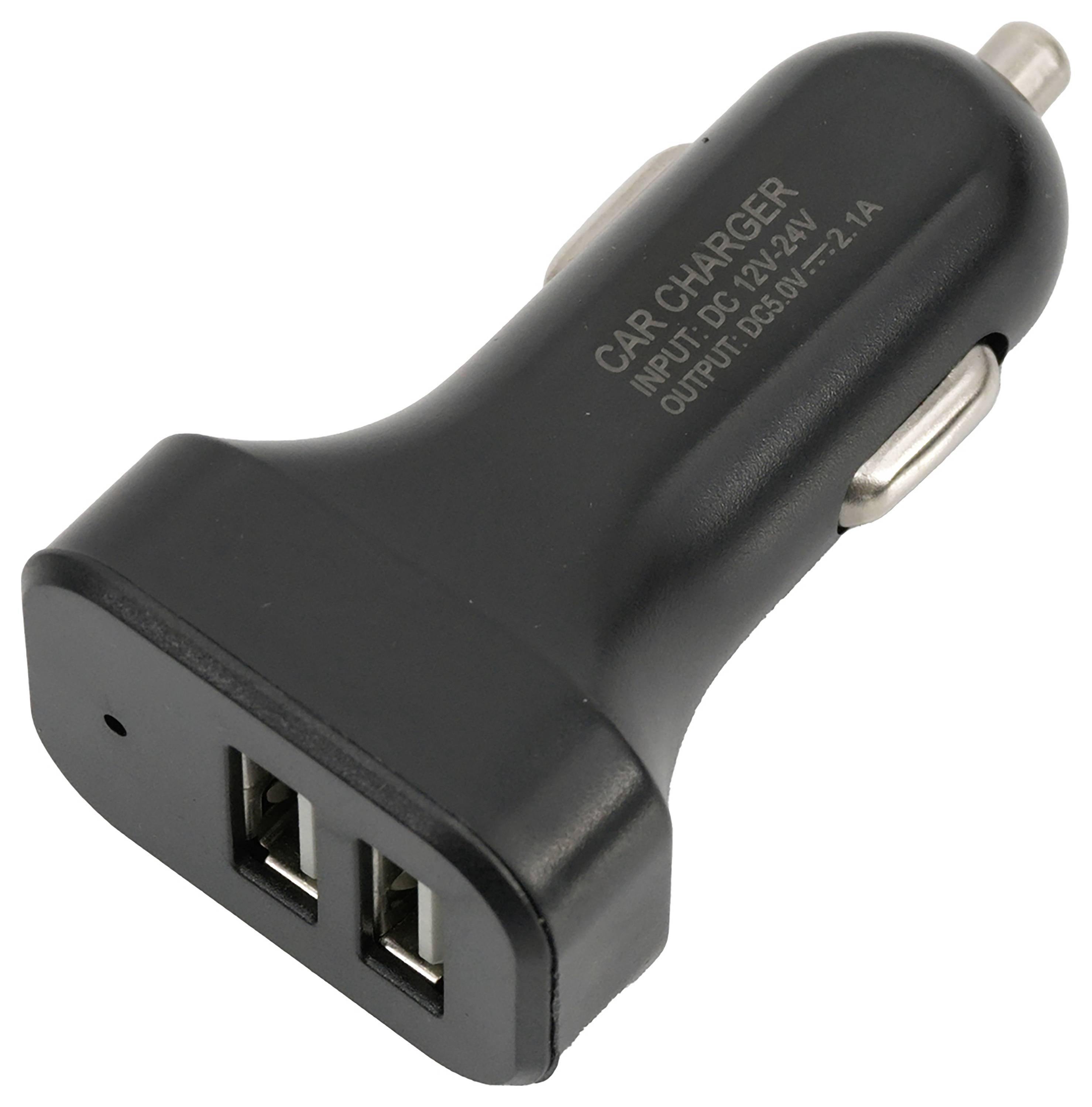 Ein schwarzes USB-Autoladegerät mit zwei Anschlüssen und der Beschriftung 'CAR CHARGER' auf der Oberseite.