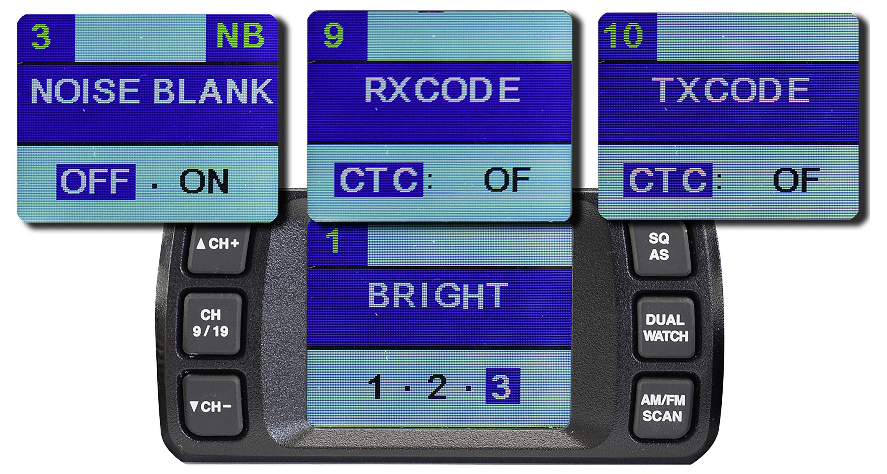 Ein Funkgerät-Display zeigt drei Bildschirme: 'NOISE BLANK: OFF', 'RXCODE: OF', 'BRIGHT: 1, 2, 3'. Tastenpaneel unten.