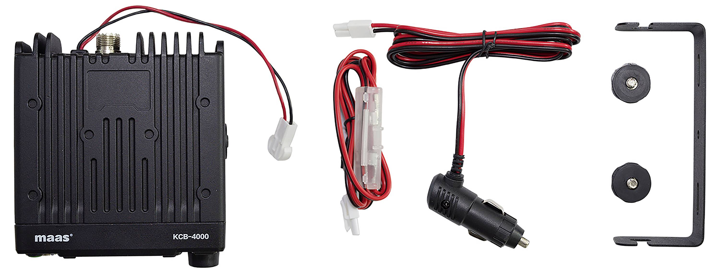 Funkgerät mit Zubehör: Hauptgerät links, Kabel mit Sicherung und Zigarettenanzünderstecker in der Mitte, Halterungen rechts.