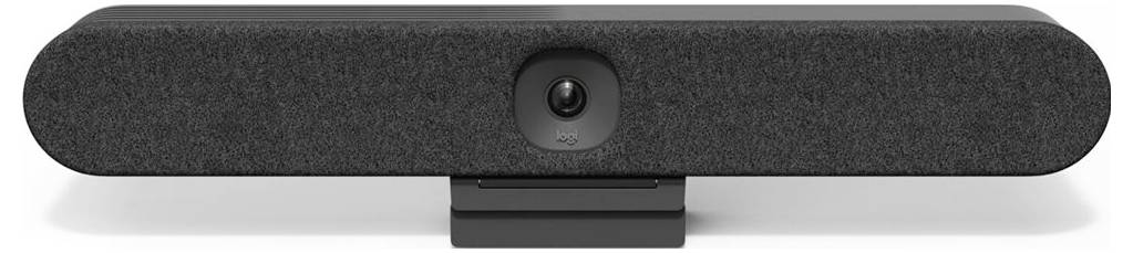 Eine schwarze rechteckige Webcam mit einer zentralen Linse, eingebautem Mikrofon und Lautsprecher, platziert auf einem Tischständer.