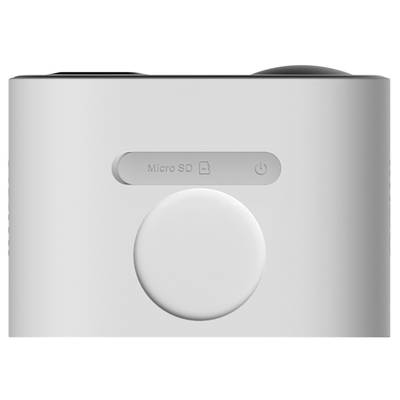 Graues Gerät mit einem großen, runden Knopf in der Mitte und einem 'Micro SD' Slot sowie einem Power-Symbol oben.