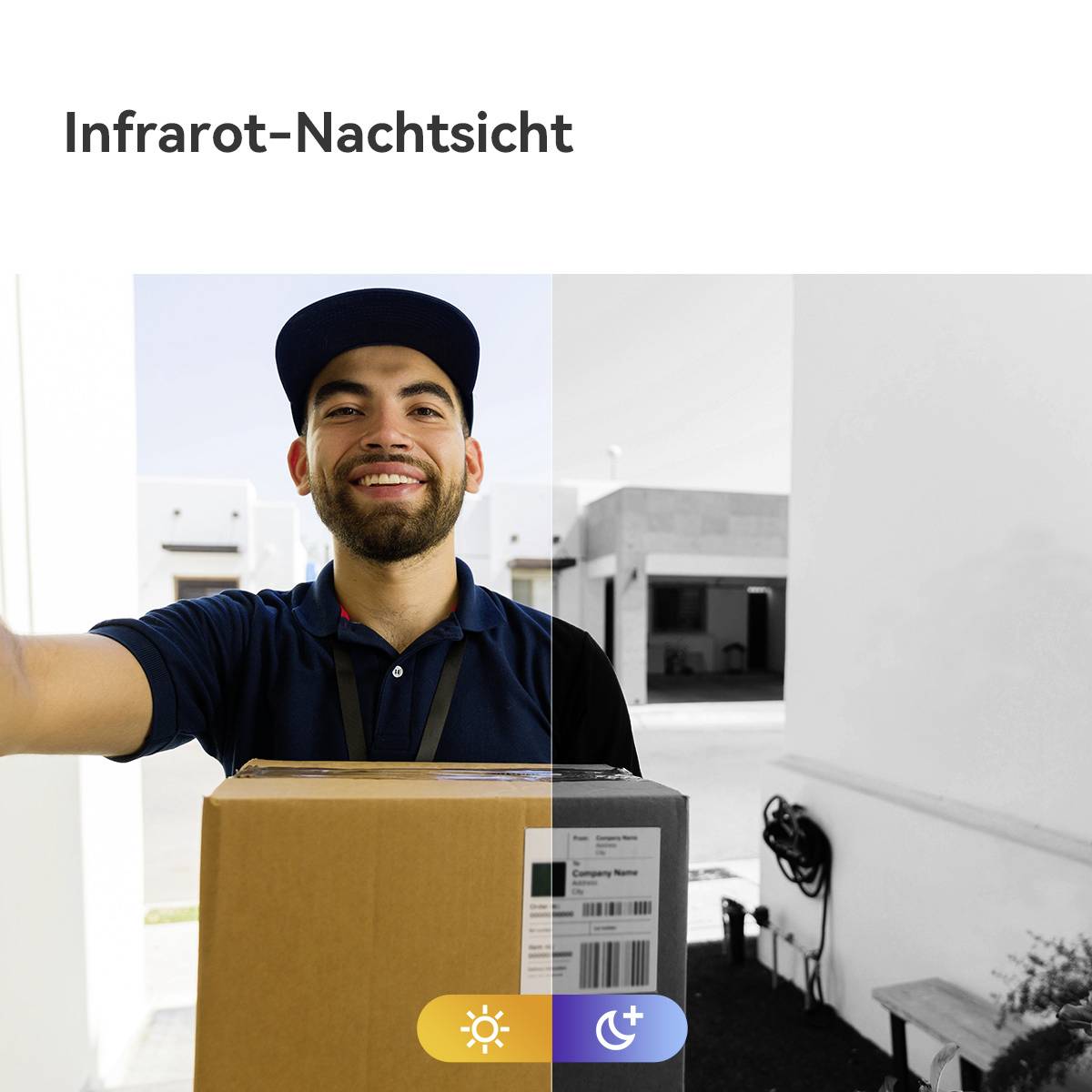 'Infrarot-Nachtsicht': Ein Mann in Uniform steht draußen, lächelt und hält ein Paket. Die linke Bildhälfte ist tagsüber, die rechte nachts.