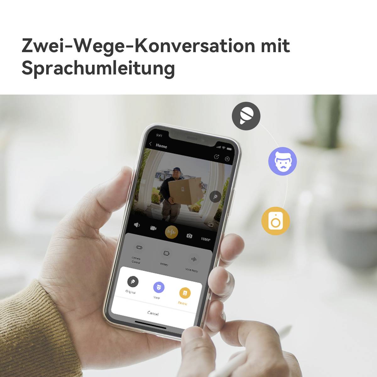 Eine Person hält ein Smartphone, das eine Videoanruf-App mit Zwei-Wege-Kommunikation und Sprachumleitung zeigt.